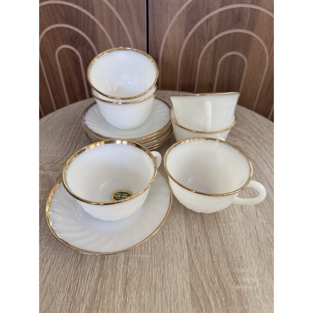Set of 6 Vintage 1950's Fire King White Swirl 22K Gold Trim Cups & Saucers USA